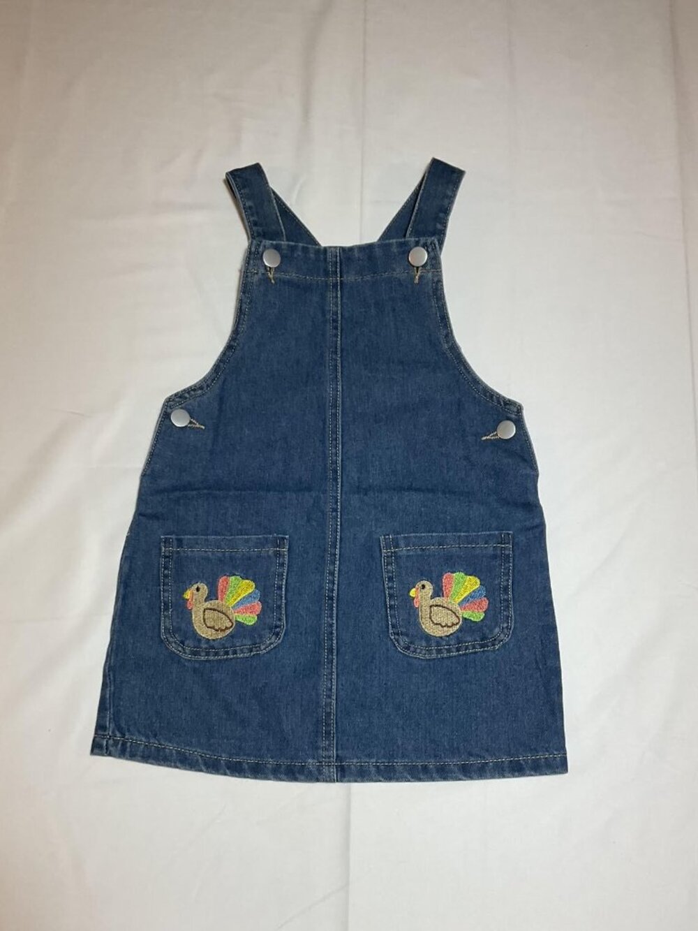 Girls Medium Jean Overall Jumper Turkey on Pockets Thanksgiving Fall